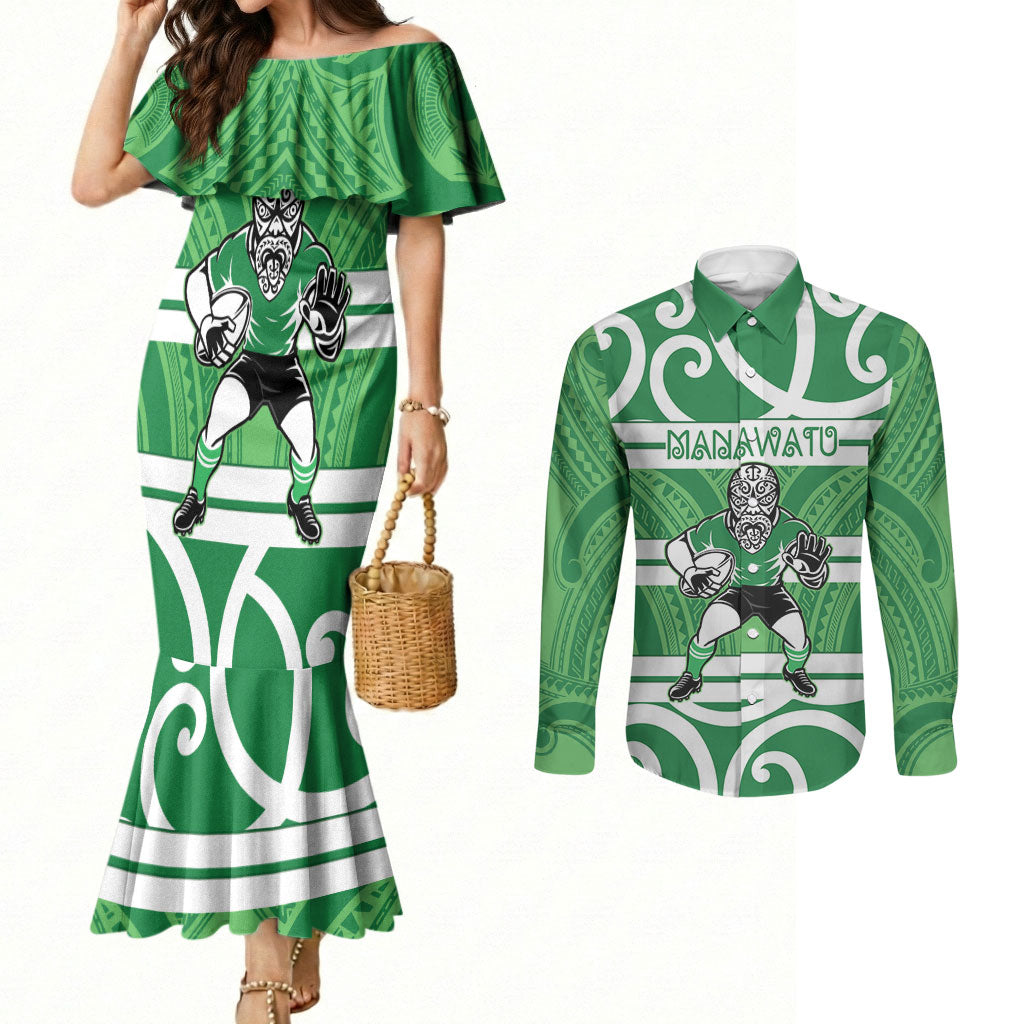 Manawatu Custom Rugby New Zealand Couples Matching Mermaid Dress and Long Sleeve Button Shirt Aotearoa Maori Pukana Tiki Mascot