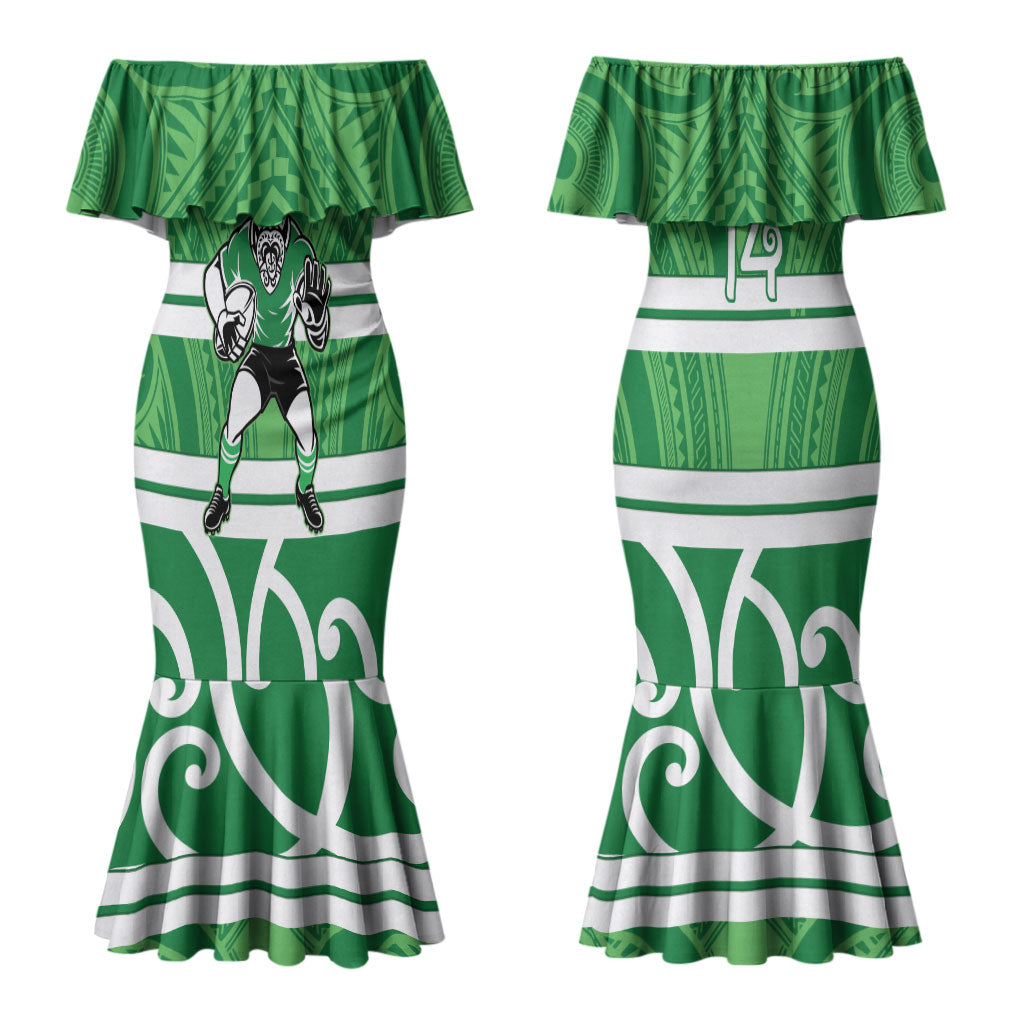 Manawatu Custom Rugby New Zealand Couples Matching Mermaid Dress and Long Sleeve Button Shirt Aotearoa Maori Pukana Tiki Mascot