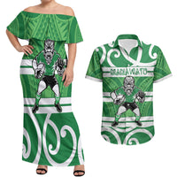 Manawatu Custom Rugby New Zealand Couples Matching Off Shoulder Maxi Dress and Hawaiian Shirt Aotearoa Maori Pukana Tiki Mascot