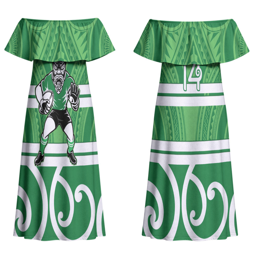 Manawatu Custom Rugby New Zealand Couples Matching Off Shoulder Maxi Dress and Hawaiian Shirt Aotearoa Maori Pukana Tiki Mascot
