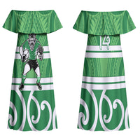 Manawatu Custom Rugby New Zealand Couples Matching Off Shoulder Maxi Dress and Long Sleeve Button Shirt Aotearoa Maori Pukana Tiki Mascot