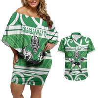 Manawatu Custom Rugby New Zealand Couples Matching Off Shoulder Short Dress and Hawaiian Shirt Aotearoa Maori Pukana Tiki Mascot