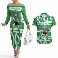 Manawatu Custom Rugby New Zealand Couples Matching Off The Shoulder Long Sleeve Dress and Hawaiian Shirt Aotearoa Maori Pukana Tiki Mascot