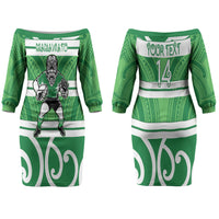 Manawatu Custom Rugby New Zealand Couples Matching Off The Shoulder Long Sleeve Dress and Hawaiian Shirt Aotearoa Maori Pukana Tiki Mascot