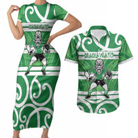 Manawatu Custom Rugby New Zealand Couples Matching Short Sleeve Bodycon Dress and Hawaiian Shirt Aotearoa Maori Pukana Tiki Mascot