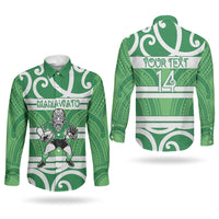 Manawatu Custom Rugby New Zealand Couples Matching Short Sleeve Bodycon Dress and Long Sleeve Button Shirt Aotearoa Maori Pukana Tiki Mascot