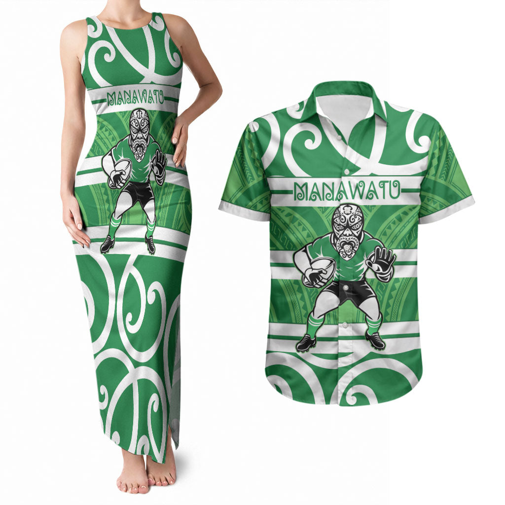 Manawatu Custom Rugby New Zealand Couples Matching Tank Maxi Dress and Hawaiian Shirt Aotearoa Maori Pukana Tiki Mascot