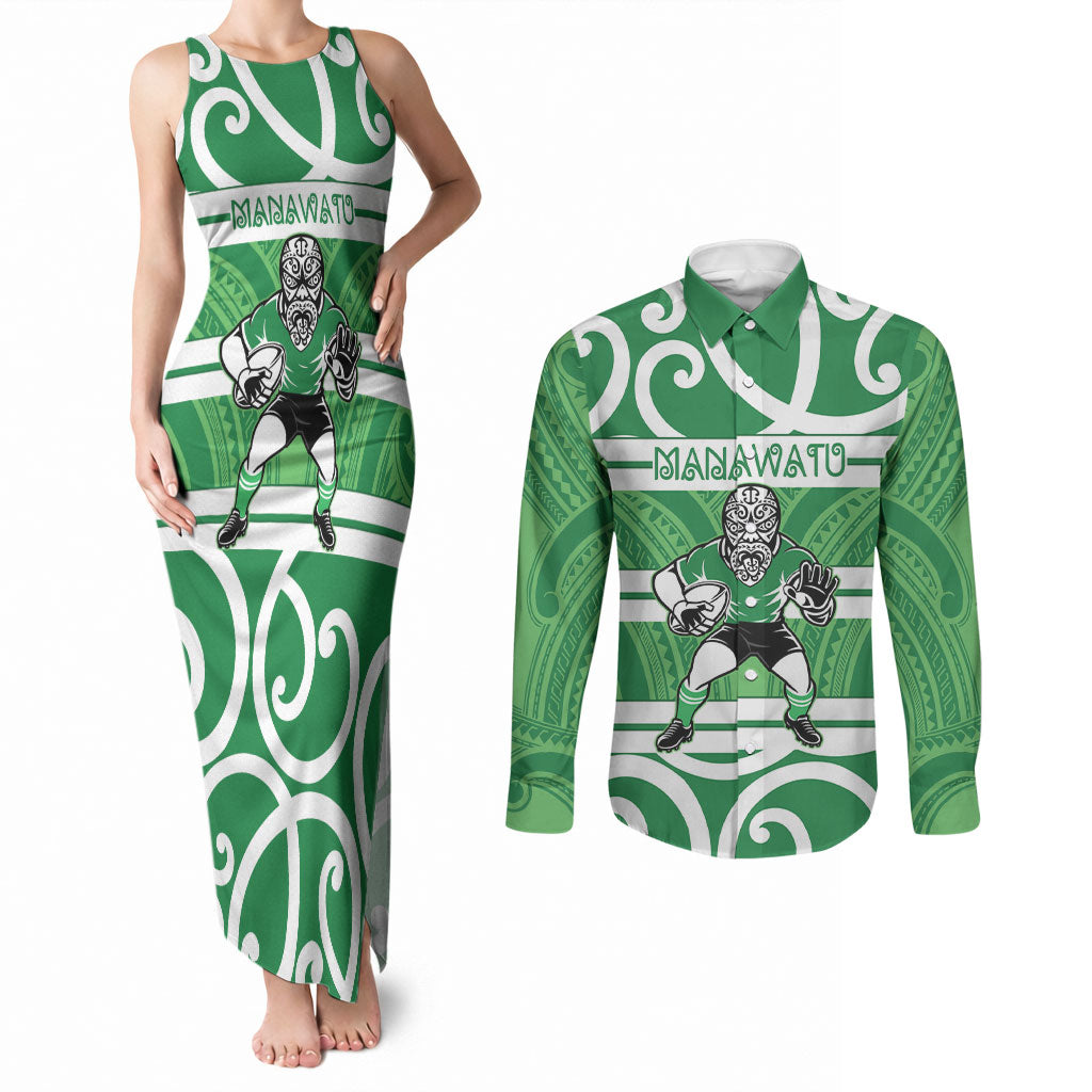 Manawatu Custom Rugby New Zealand Couples Matching Tank Maxi Dress and Long Sleeve Button Shirt Aotearoa Maori Pukana Tiki Mascot