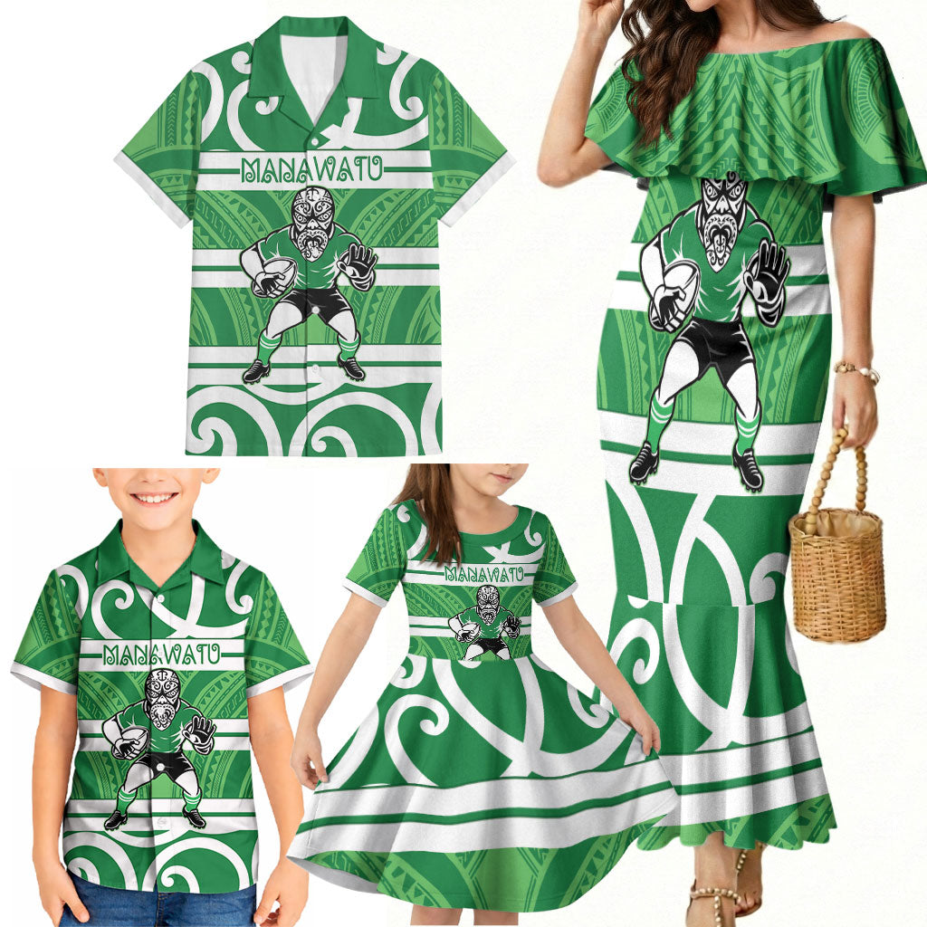 Manawatu Custom Rugby New Zealand Family Matching Mermaid Dress and Hawaiian Shirt Aotearoa Maori Pukana Tiki Mascot