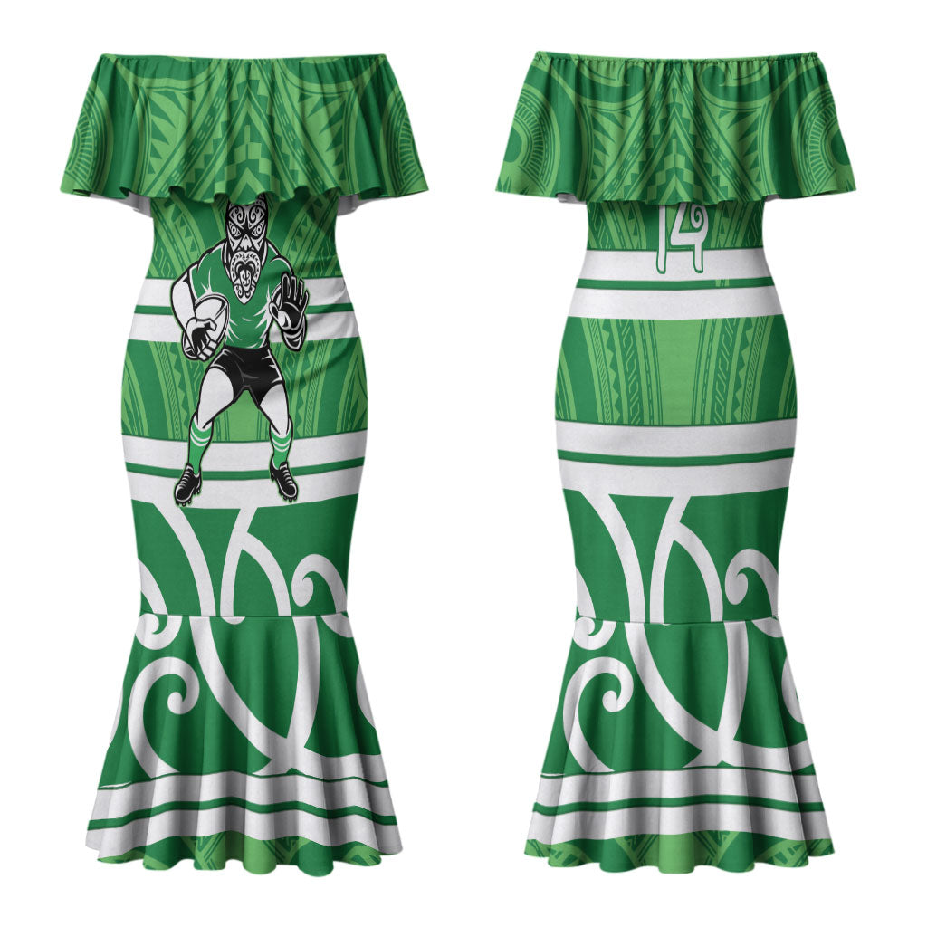 Manawatu Custom Rugby New Zealand Family Matching Mermaid Dress and Hawaiian Shirt Aotearoa Maori Pukana Tiki Mascot