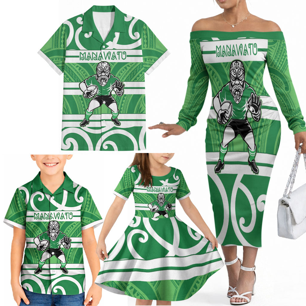 Manawatu Custom Rugby New Zealand Family Matching Off The Shoulder Long Sleeve Dress and Hawaiian Shirt Aotearoa Maori Pukana Tiki Mascot