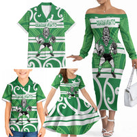 Manawatu Custom Rugby New Zealand Family Matching Off The Shoulder Long Sleeve Dress and Hawaiian Shirt Aotearoa Maori Pukana Tiki Mascot