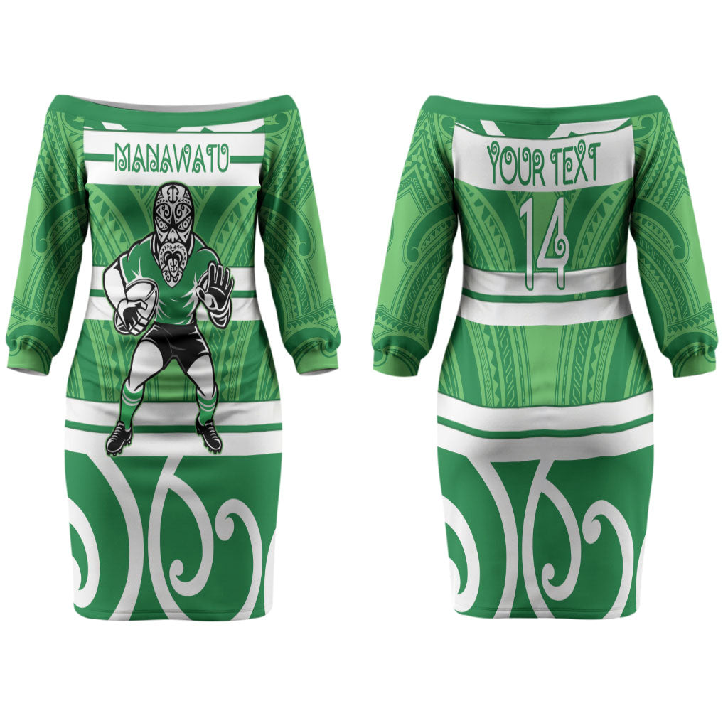 Manawatu Custom Rugby New Zealand Family Matching Off The Shoulder Long Sleeve Dress and Hawaiian Shirt Aotearoa Maori Pukana Tiki Mascot