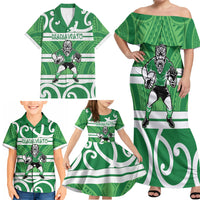 Manawatu Custom Rugby New Zealand Family Matching Off Shoulder Maxi Dress and Hawaiian Shirt Aotearoa Maori Pukana Tiki Mascot