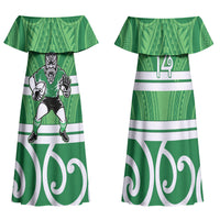 Manawatu Custom Rugby New Zealand Family Matching Off Shoulder Maxi Dress and Hawaiian Shirt Aotearoa Maori Pukana Tiki Mascot