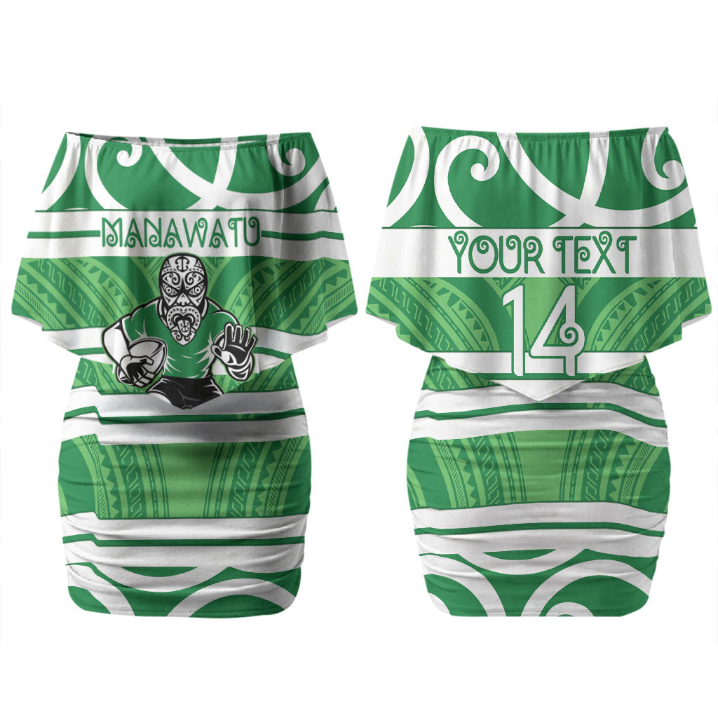 Manawatu Custom Rugby New Zealand Family Matching Off Shoulder Short Dress and Hawaiian Shirt Aotearoa Maori Pukana Tiki Mascot