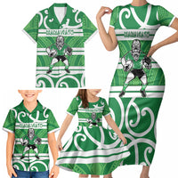 Manawatu Custom Rugby New Zealand Family Matching Short Sleeve Bodycon Dress and Hawaiian Shirt Aotearoa Maori Pukana Tiki Mascot