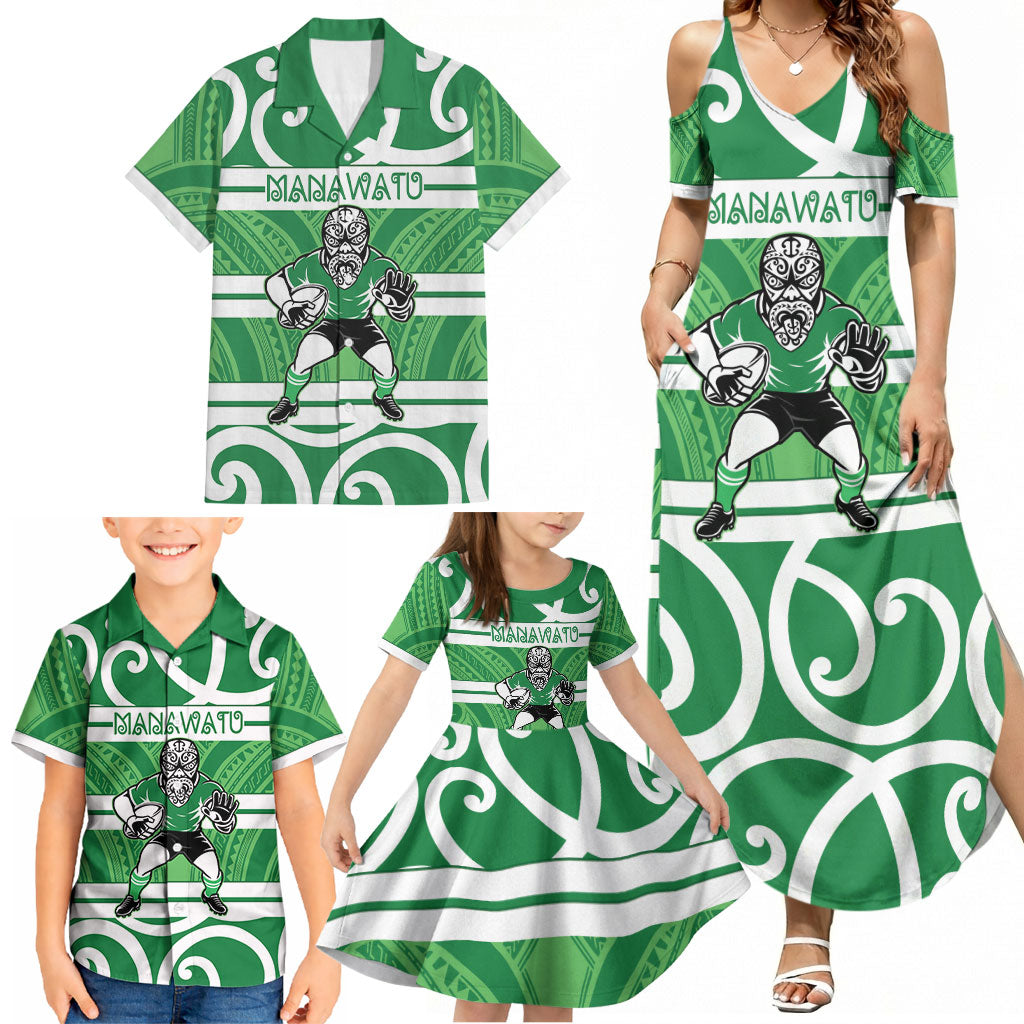 Manawatu Custom Rugby New Zealand Family Matching Summer Maxi Dress and Hawaiian Shirt Aotearoa Maori Pukana Tiki Mascot