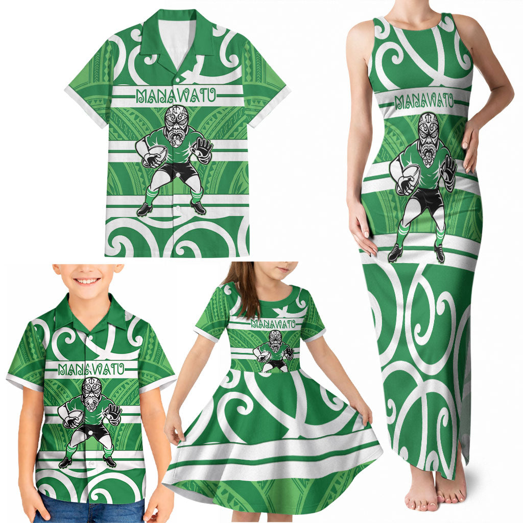 Manawatu Custom Rugby New Zealand Family Matching Tank Maxi Dress and Hawaiian Shirt Aotearoa Maori Pukana Tiki Mascot