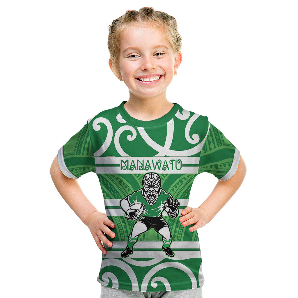 Manawatu Custom Rugby New Zealand Kid T Shirt Aotearoa Maori Pukana Tiki Mascot