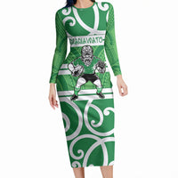 Manawatu Custom Rugby New Zealand Long Sleeve Bodycon Dress Aotearoa Maori Pukana Tiki Mascot