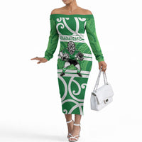 Manawatu Custom Rugby New Zealand Off The Shoulder Long Sleeve Dress Aotearoa Maori Pukana Tiki Mascot