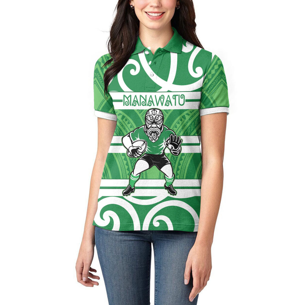 Manawatu Custom Rugby New Zealand Women Polo Shirt Aotearoa Maori Pukana Tiki Mascot