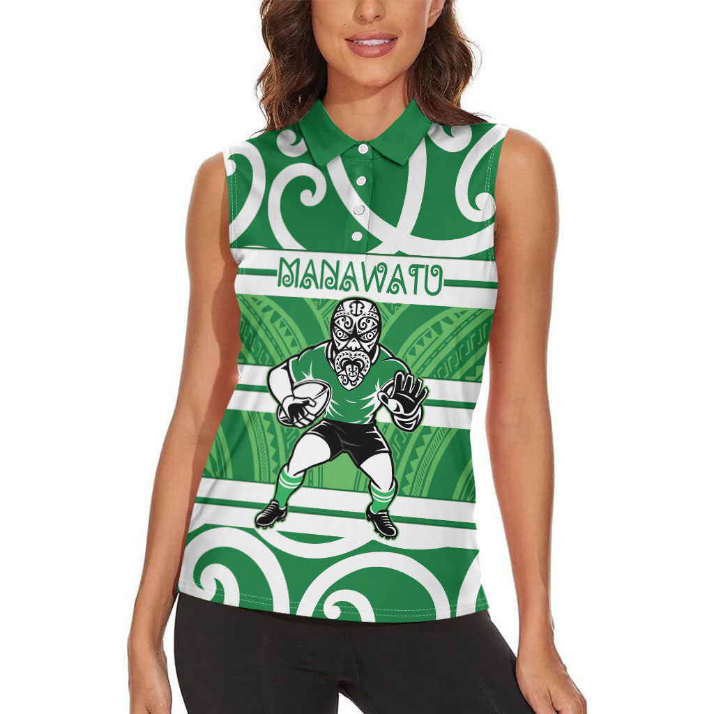 Manawatu Custom Rugby New Zealand Women Sleeveless Polo Shirt Aotearoa Maori Pukana Tiki Mascot