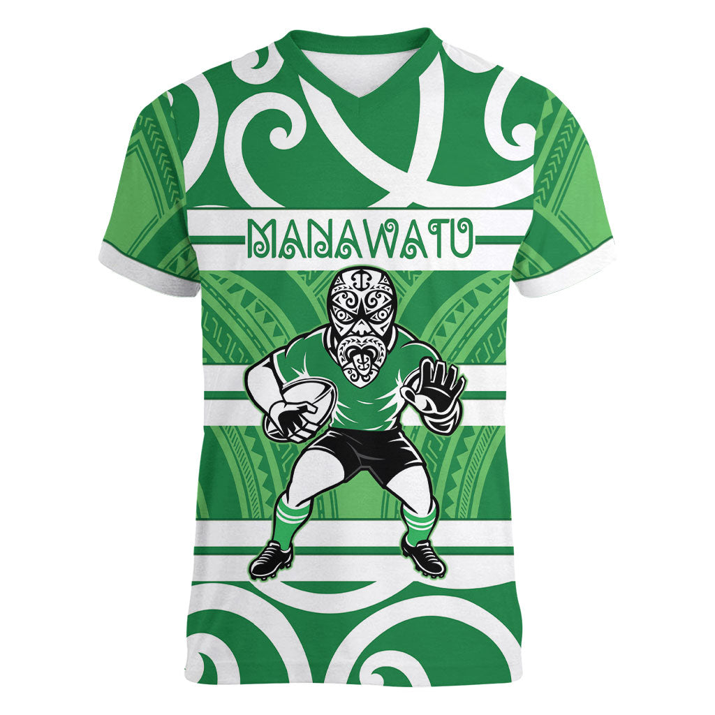 Manawatu Custom Rugby New Zealand Women V-Neck T-Shirt Aotearoa Maori Pukana Tiki Mascot