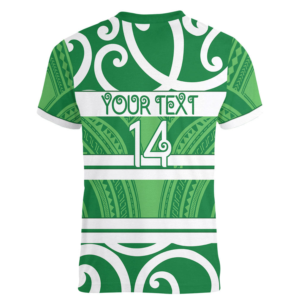 Manawatu Custom Rugby New Zealand Women V-Neck T-Shirt Aotearoa Maori Pukana Tiki Mascot