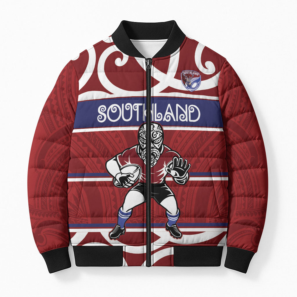 Southland Custom Rugby New Zealand Bomber Puffer Jacket Aotearoa Maori Pukana Tiki Mascot