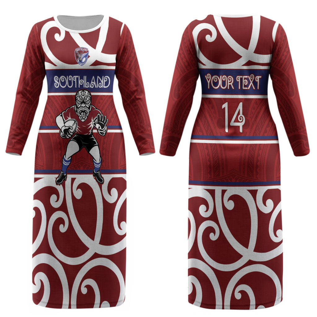 Southland Custom Rugby New Zealand Couples Matching Long Sleeve Bodycon Dress and Hawaiian Shirt Aotearoa Maori Pukana Tiki Mascot