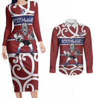 Southland Custom Rugby New Zealand Couples Matching Long Sleeve Bodycon Dress and Long Sleeve Button Shirt Aotearoa Maori Pukana Tiki Mascot