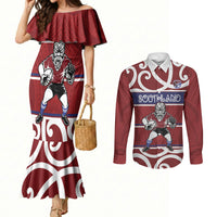 Southland Custom Rugby New Zealand Couples Matching Mermaid Dress and Long Sleeve Button Shirt Aotearoa Maori Pukana Tiki Mascot