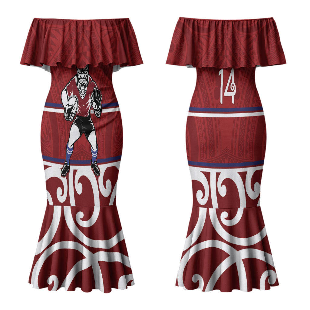 Southland Custom Rugby New Zealand Couples Matching Mermaid Dress and Long Sleeve Button Shirt Aotearoa Maori Pukana Tiki Mascot