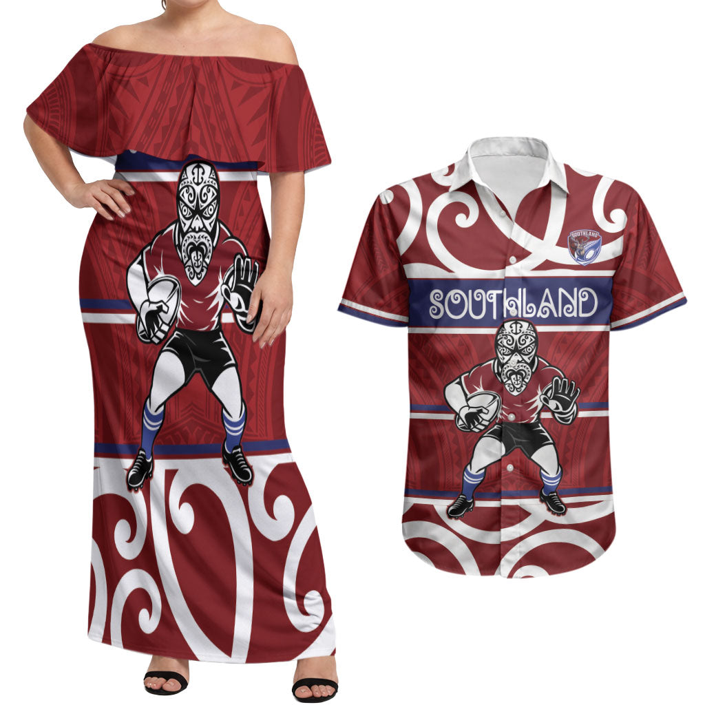 Southland Custom Rugby New Zealand Couples Matching Off Shoulder Maxi Dress and Hawaiian Shirt Aotearoa Maori Pukana Tiki Mascot