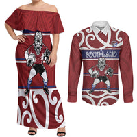 Southland Custom Rugby New Zealand Couples Matching Off Shoulder Maxi Dress and Long Sleeve Button Shirt Aotearoa Maori Pukana Tiki Mascot