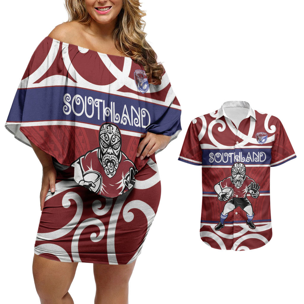 Southland Custom Rugby New Zealand Couples Matching Off Shoulder Short Dress and Hawaiian Shirt Aotearoa Maori Pukana Tiki Mascot