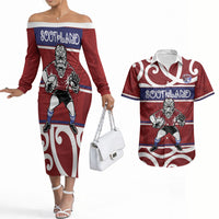 Southland Custom Rugby New Zealand Couples Matching Off The Shoulder Long Sleeve Dress and Hawaiian Shirt Aotearoa Maori Pukana Tiki Mascot