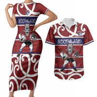 Southland Custom Rugby New Zealand Couples Matching Short Sleeve Bodycon Dress and Hawaiian Shirt Aotearoa Maori Pukana Tiki Mascot