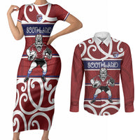 Southland Custom Rugby New Zealand Couples Matching Short Sleeve Bodycon Dress and Long Sleeve Button Shirt Aotearoa Maori Pukana Tiki Mascot