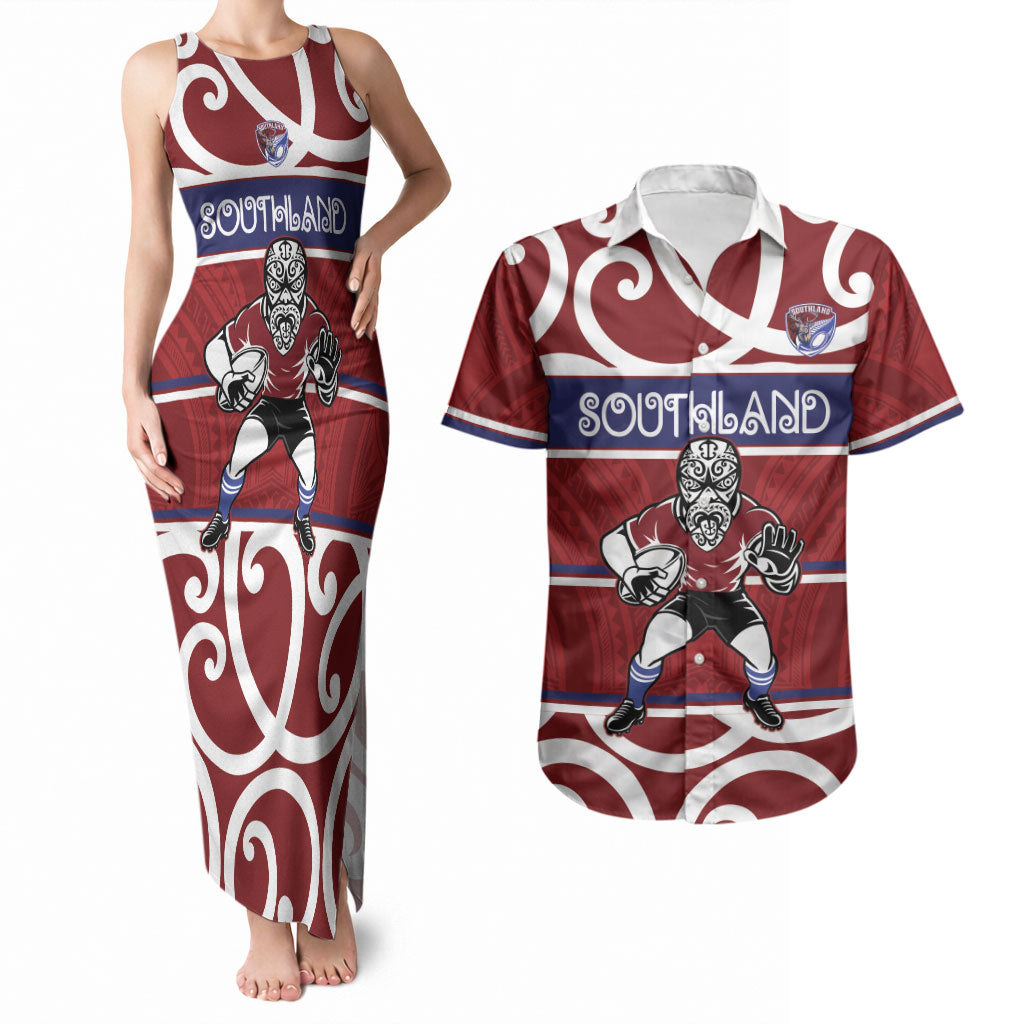 Southland Custom Rugby New Zealand Couples Matching Tank Maxi Dress and Hawaiian Shirt Aotearoa Maori Pukana Tiki Mascot