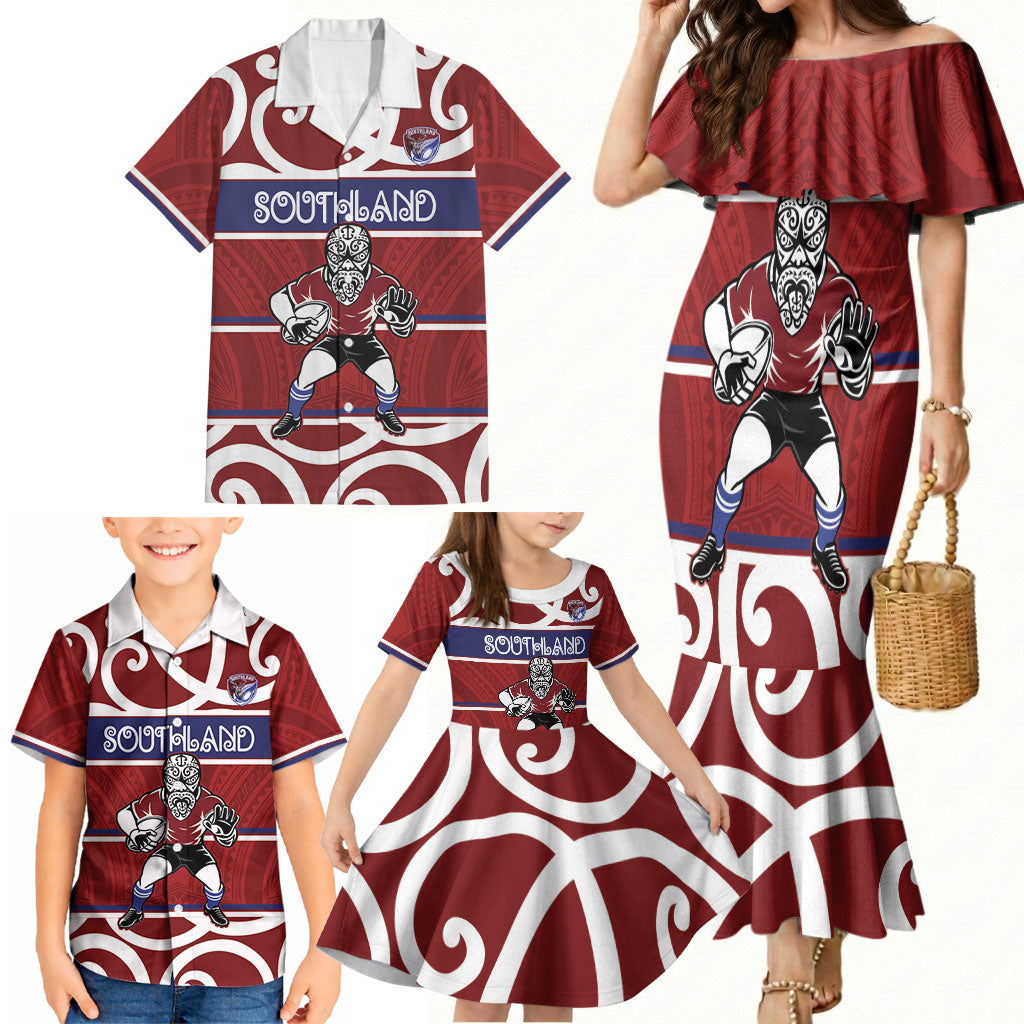 Southland Custom Rugby New Zealand Family Matching Mermaid Dress and Hawaiian Shirt Aotearoa Maori Pukana Tiki Mascot