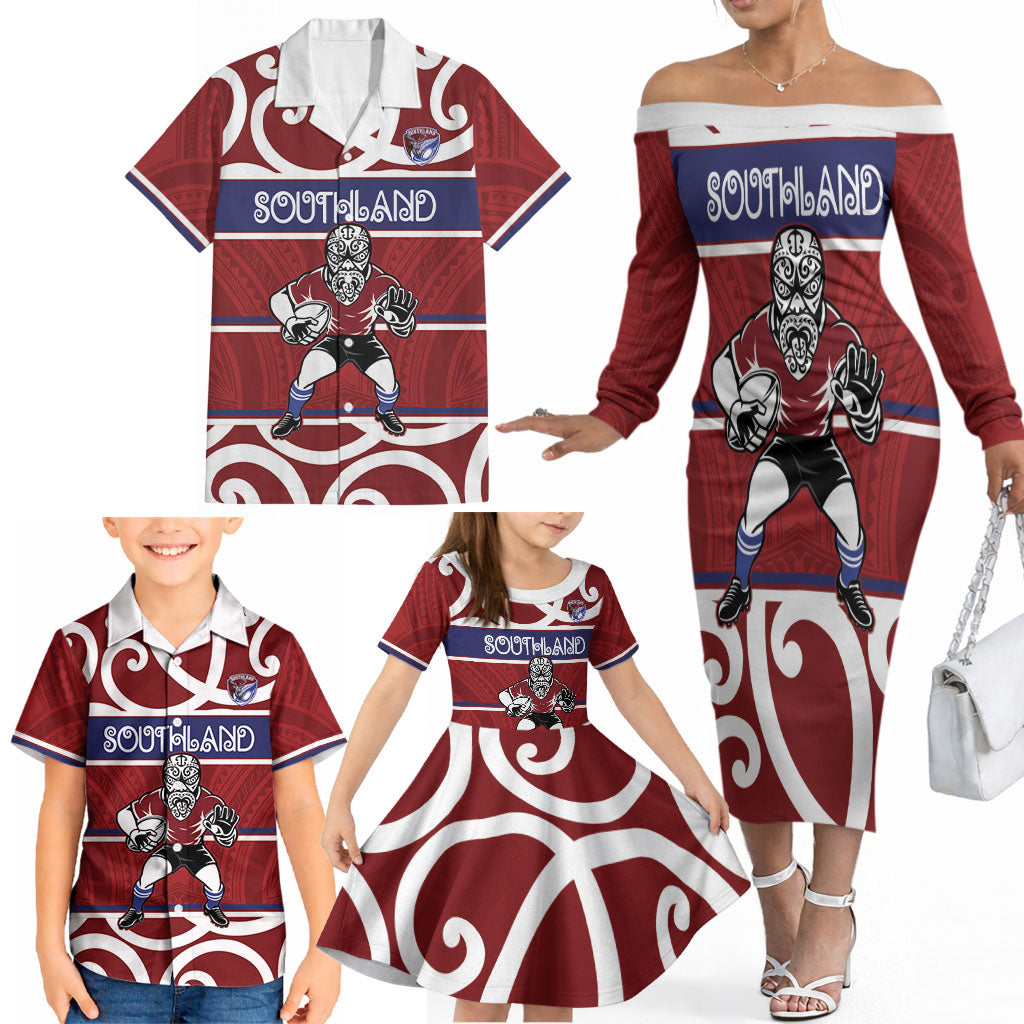 Southland Custom Rugby New Zealand Family Matching Off The Shoulder Long Sleeve Dress and Hawaiian Shirt Aotearoa Maori Pukana Tiki Mascot