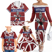Southland Custom Rugby New Zealand Family Matching Off The Shoulder Long Sleeve Dress and Hawaiian Shirt Aotearoa Maori Pukana Tiki Mascot