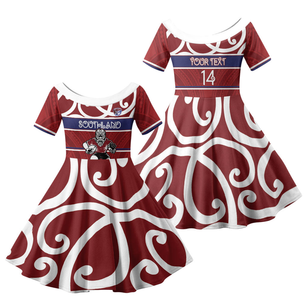 Southland Custom Rugby New Zealand Family Matching Off The Shoulder Long Sleeve Dress and Hawaiian Shirt Aotearoa Maori Pukana Tiki Mascot