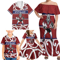 Southland Custom Rugby New Zealand Family Matching Off Shoulder Maxi Dress and Hawaiian Shirt Aotearoa Maori Pukana Tiki Mascot