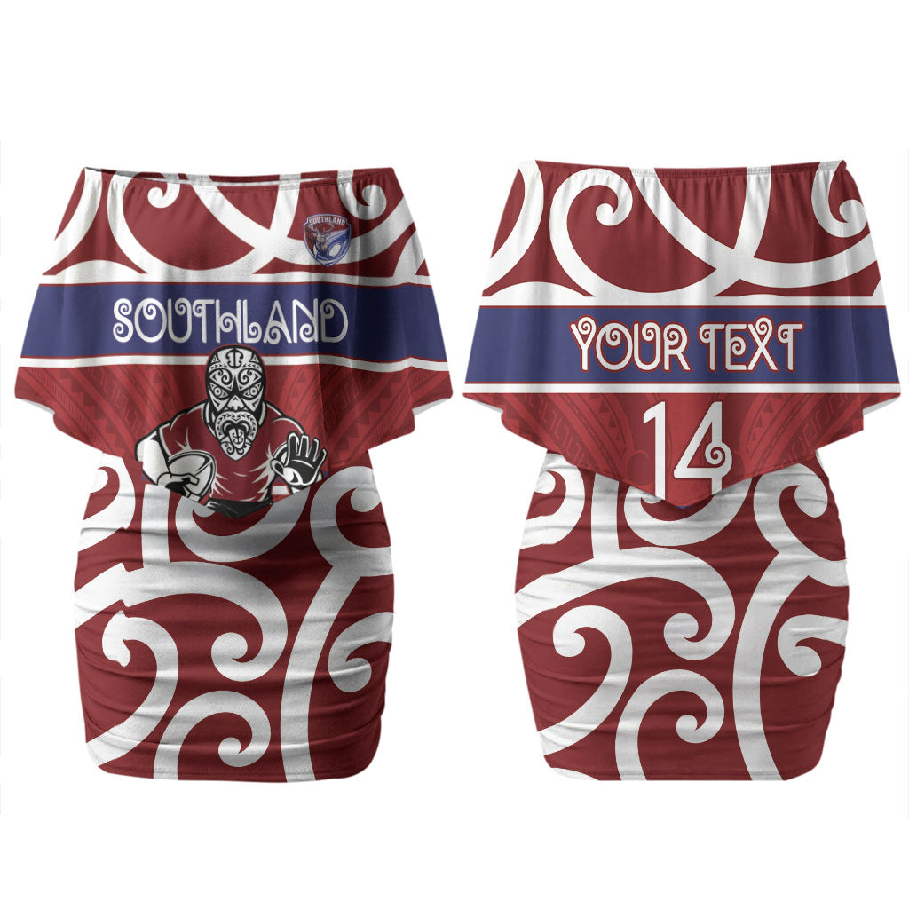 Southland Custom Rugby New Zealand Family Matching Off Shoulder Short Dress and Hawaiian Shirt Aotearoa Maori Pukana Tiki Mascot
