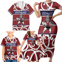 Southland Custom Rugby New Zealand Family Matching Short Sleeve Bodycon Dress and Hawaiian Shirt Aotearoa Maori Pukana Tiki Mascot