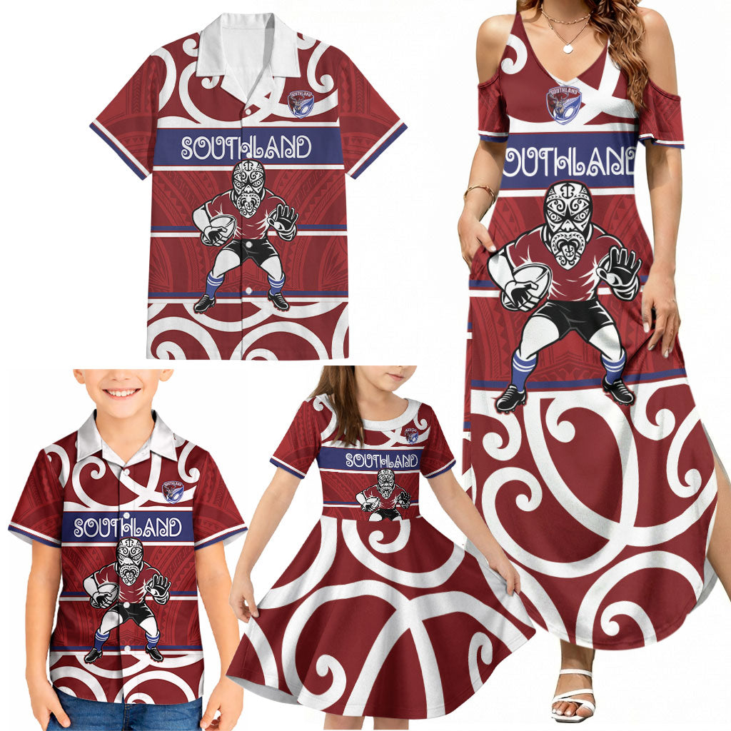 Southland Custom Rugby New Zealand Family Matching Summer Maxi Dress and Hawaiian Shirt Aotearoa Maori Pukana Tiki Mascot